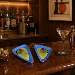 Silvestri‎ Glass Martini Olive Trinket Dishes Set of 2 Mid Century Modern Style